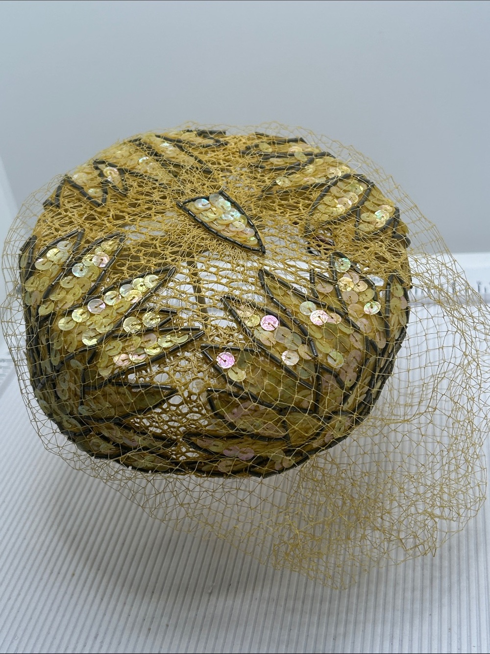 Yellow Gold Sequin Veiled Pillbox Hat - Women's Accessory